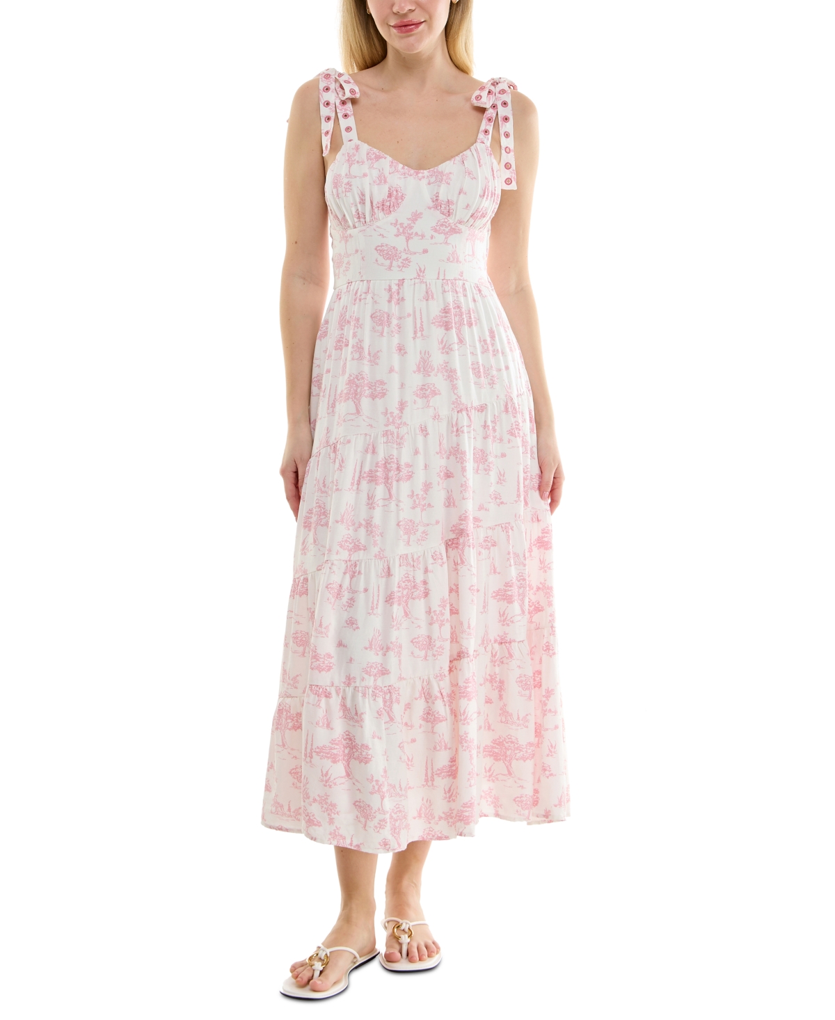 Juniors' Toile Tie-Strap Midi Dress - White/Pink
