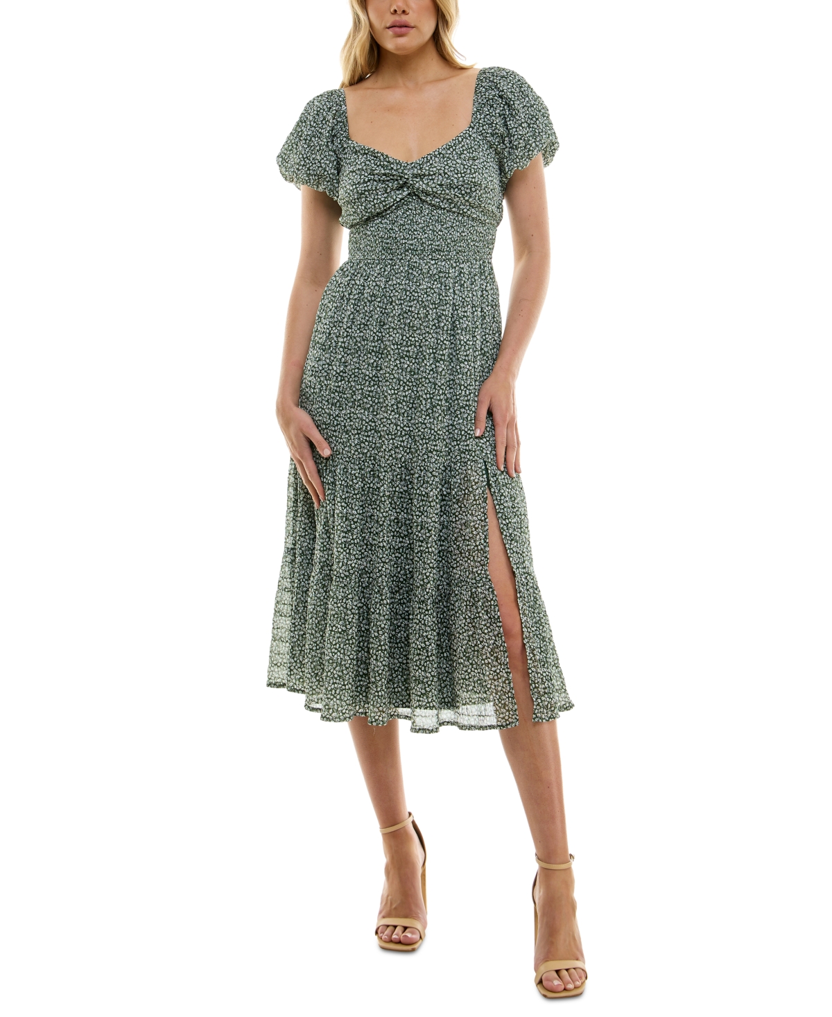 Juniors' Twist-Front Puff-Sleeve Midi Dress - Sage