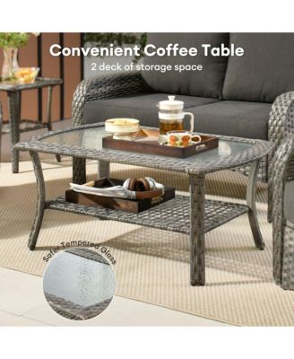 5-Piece Outdoor Wicker Patio Furniture Set, Double Resistance Rattan Rocking Chair and Coffee Table Conversation Set for Balcony Backyard and Deck with Soft Cushions and Metal Table