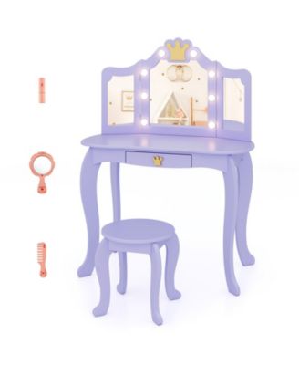 Kids Vanity Set with Tri-Fold Lighted Mirror, Detachable Top, and Stool Fun Dressing Table for Kids