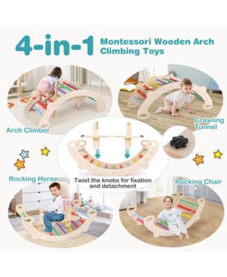 4-in-1 Multifunctional Wooden Climbing Toys with Rocker and Crawling Tunnel