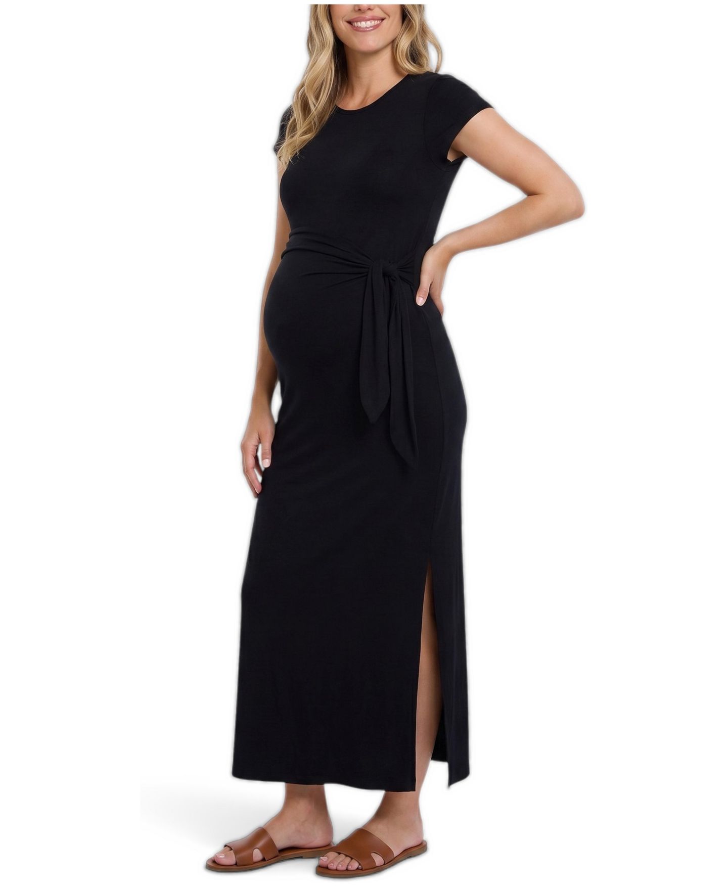 Женское платье Motherhood Maternity Crew Neck Short Sleeve Side Tie Midi Dress - Motherhood, цвет: Чёрный — фото 3