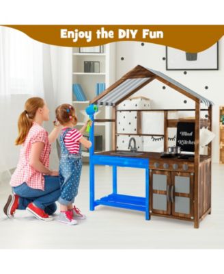Kid's Mud Kitchen Outdoor Solid Wood Mud Kitchen with Canopy