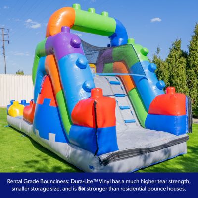 HeroKiddo 12FT Block Party Dual Lane Backload Inflatable Water Slide with Attached Pool & Air Blower, Commercial Grade, PVC Vinyl, Outdoor Play, Backyard Fun, Kids and Adults