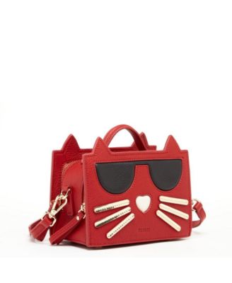 Leather Cat Bag Red Crossbody Purse Women's Handbag with Top Handle and Adjustable Strap