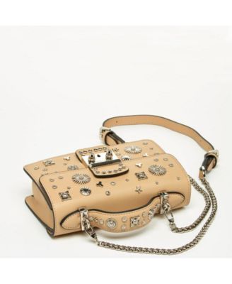 Women s Beige Studded Crossbody Bag Designer Leather Shoulder Purse with Top Handle, Structured Handbag with Silver Embellishments