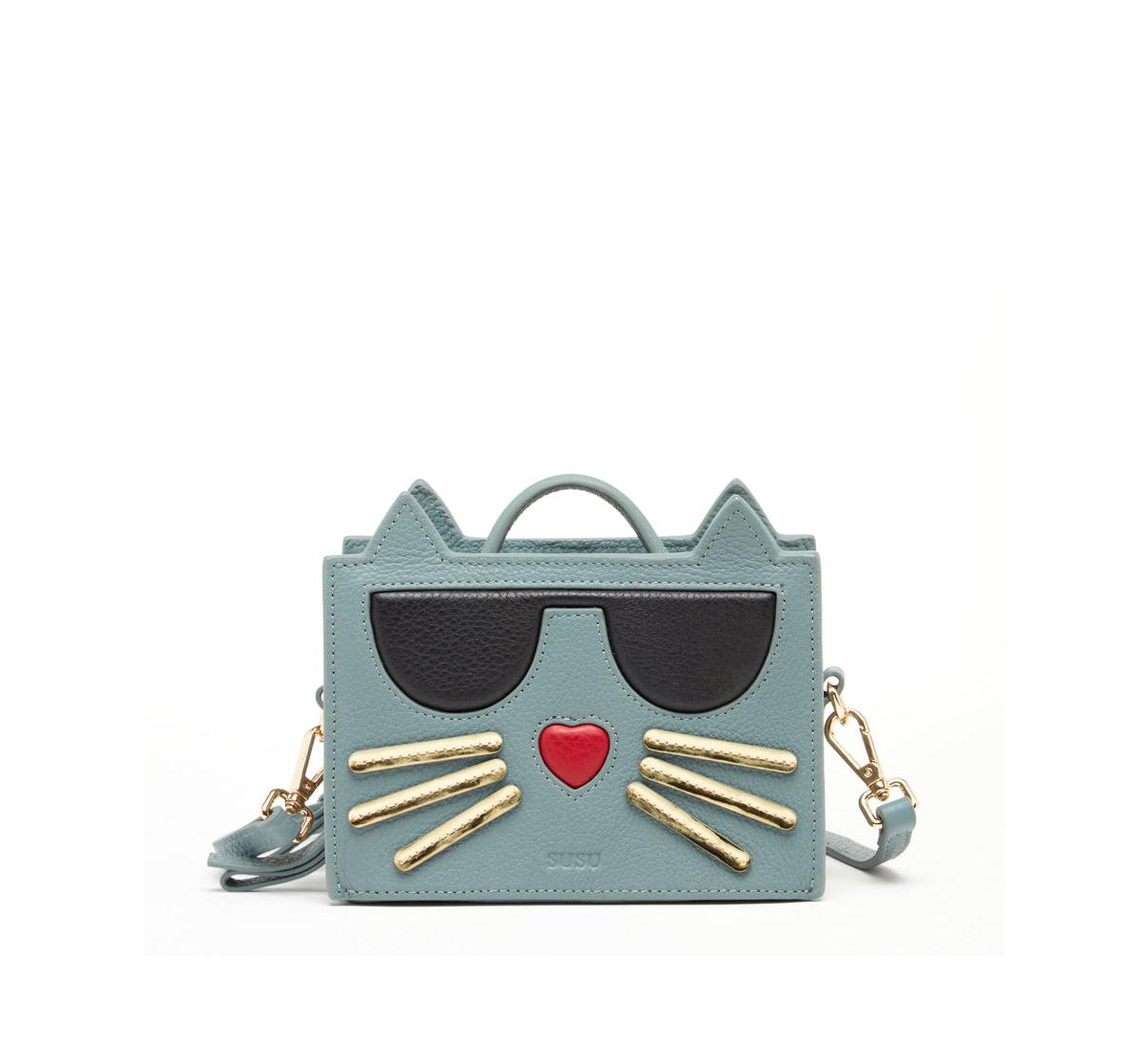 Leather Cat Purse Crossbody Bag Mineral Blue Handbag for Women - Mineral blue