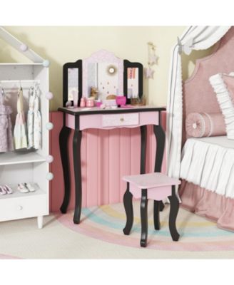 2-in-1 Princess Dressing Table Writing Desk with Cute Leopard Print and 3 Makeup Accessories Fun Vanity Set for Kids