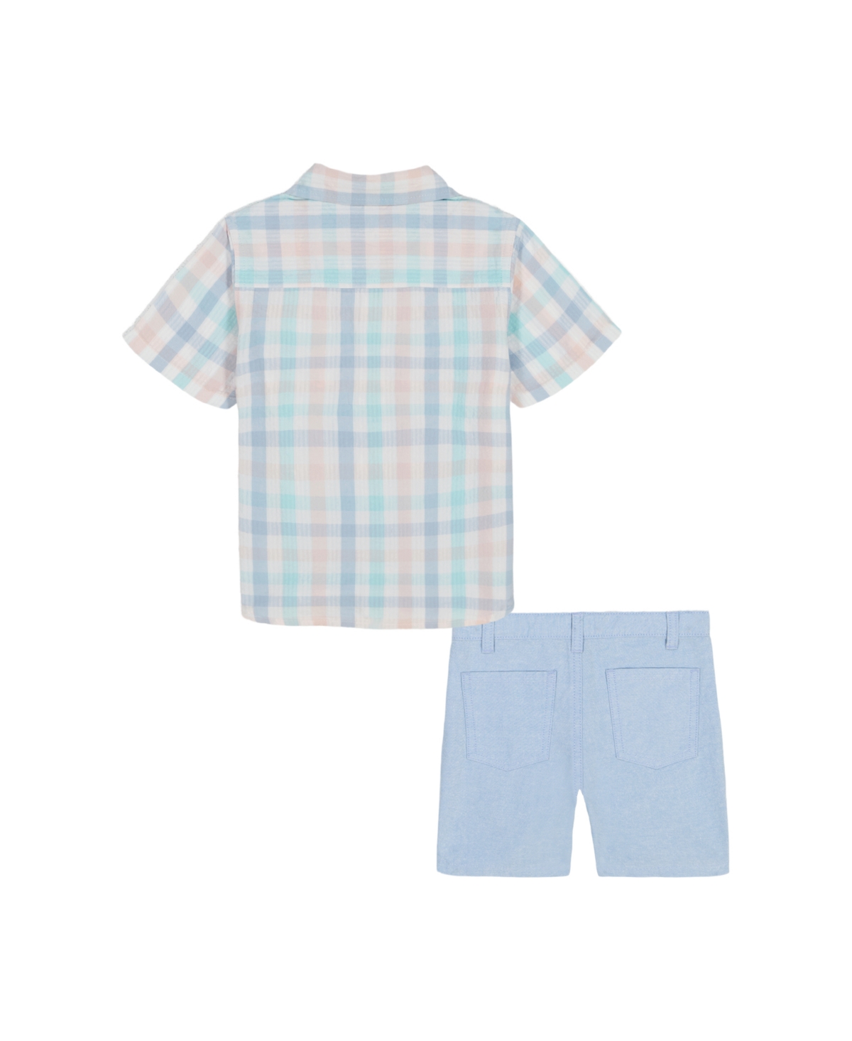 Tommy Hilfiger Toddler Boys 2-piece Short Sleeve Seersucker Plaid Shirt And Oxford Shorts Set In Plaid,light Blue