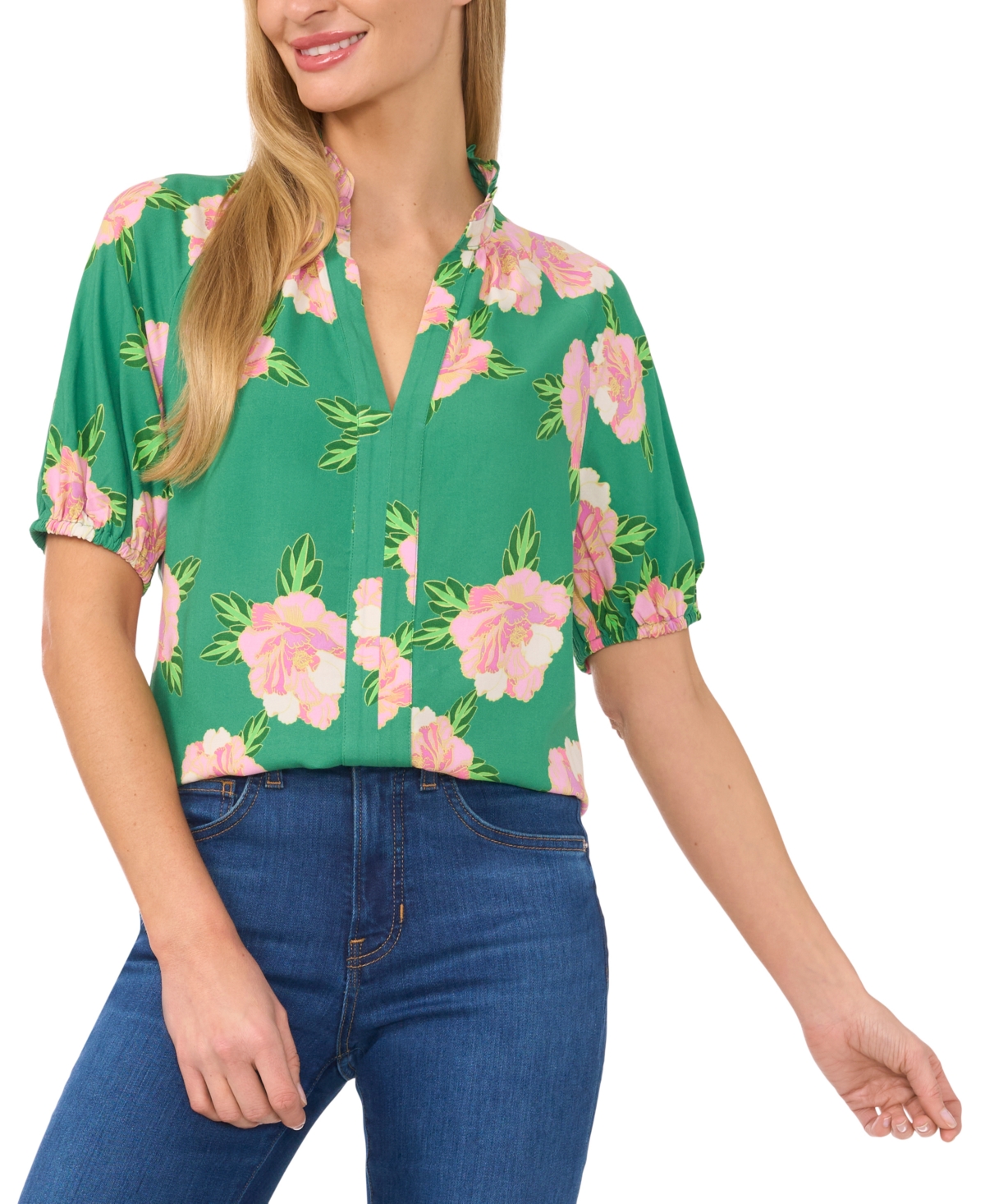 Cece Women's Floral Printed V-neck Blouse In Medium Green