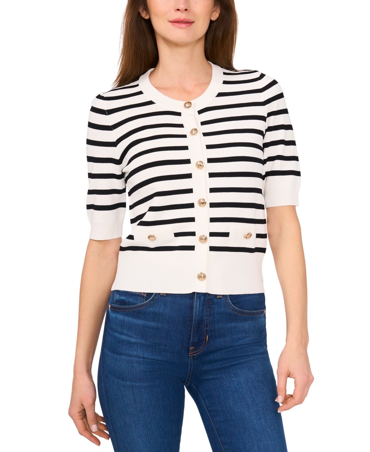 Cece Stripe Short Sleeve Cardigan With Goldtone Buttons In Antique White
