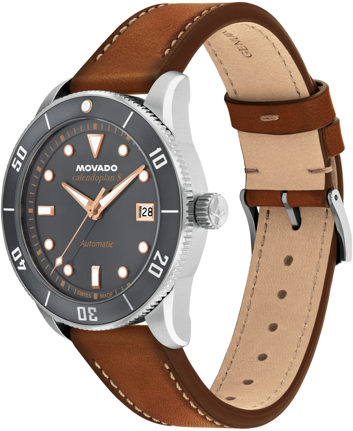 Movado Men's Calendoplan S Swiss Automatic Cognac Leather Watch, 40mm