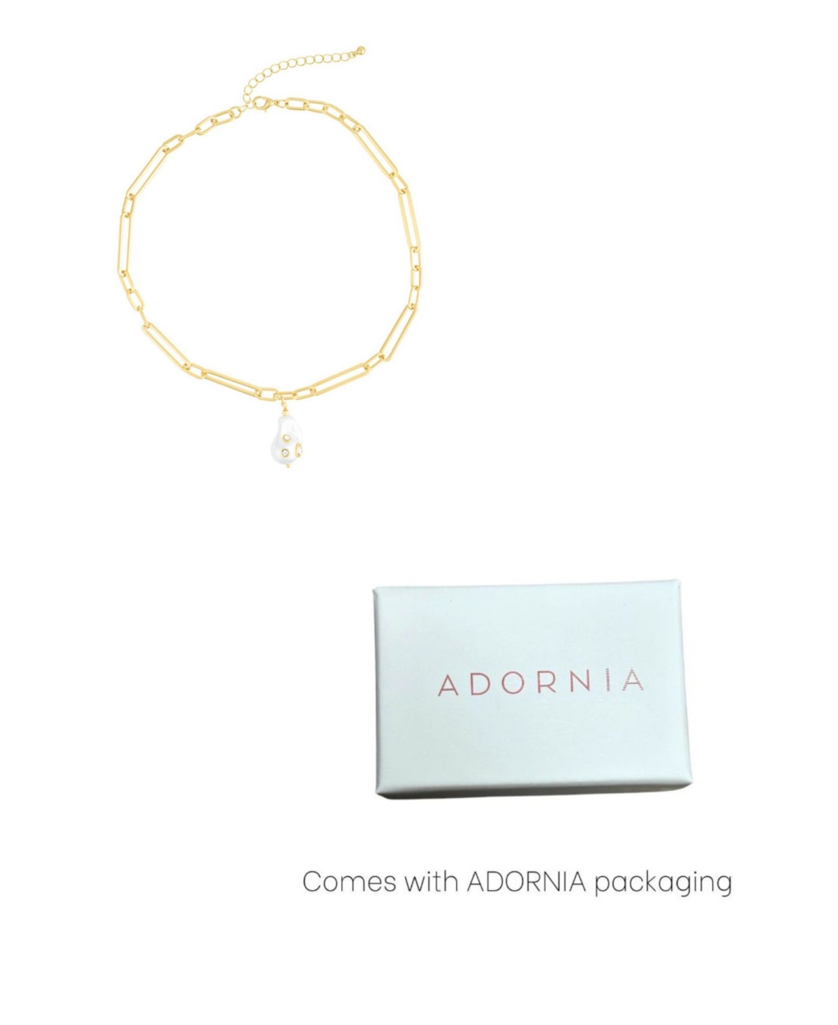 Adornia 14k Gold Plated Paper Clip Chain With Crystal-decorated Pearl Drop Necklace In Gold,white