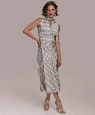 Women's Dot-Print Tie-Neck A-Line Dress