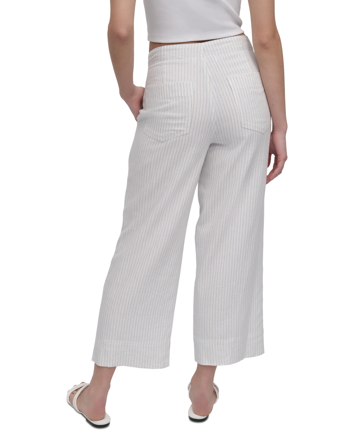 Shop Dkny Jeans Women's Cropped Wide-leg Linen Pants In Kzg - Sm Strp Pwd Bl,ivo