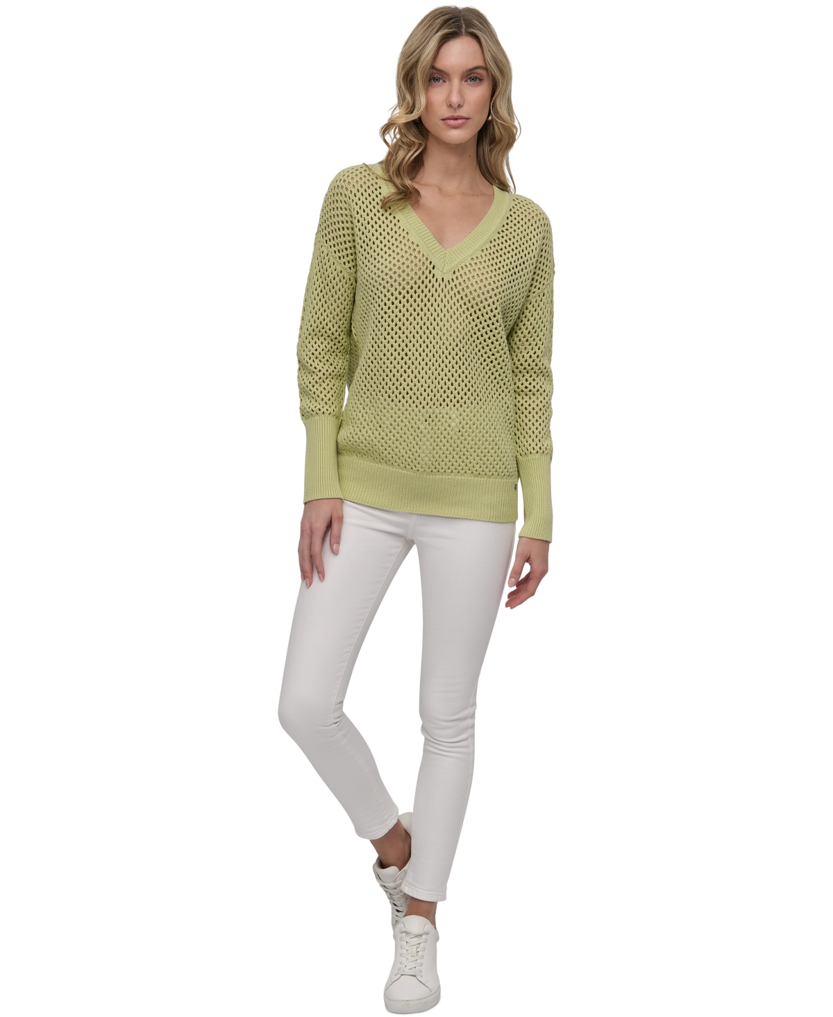DKNY JEANS WOMEN'S COTTON OPEN-KNIT V-NECK SWEATER 