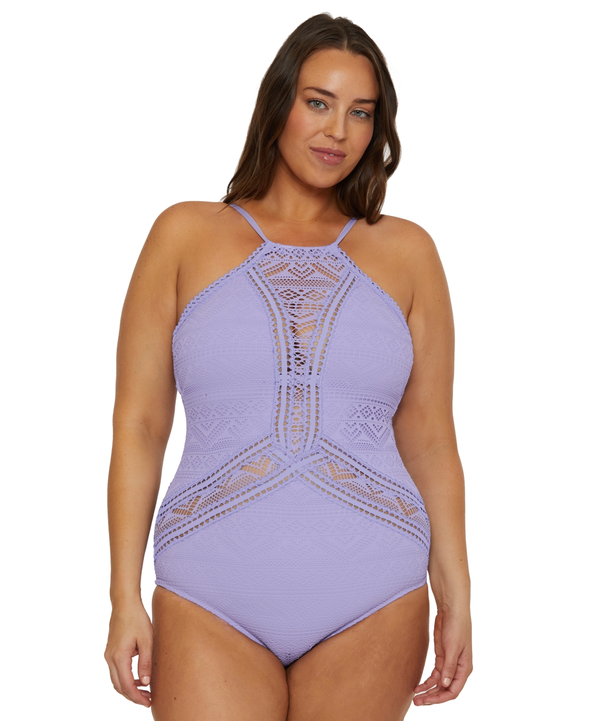 Becca Etc Plus Size Color Play Crocheted High Neck One-piece Swimsuit In Bellflower