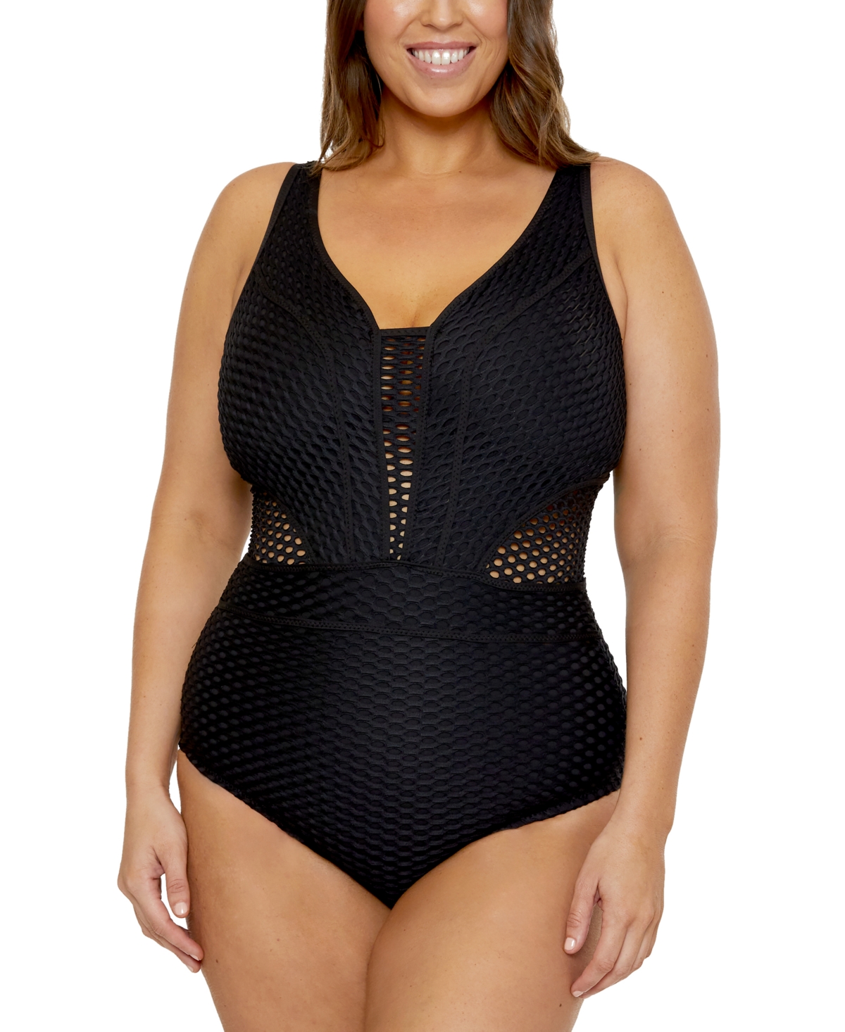 Becca Etc Plus Size Castaway Textured One-piece Swimsuit In Black