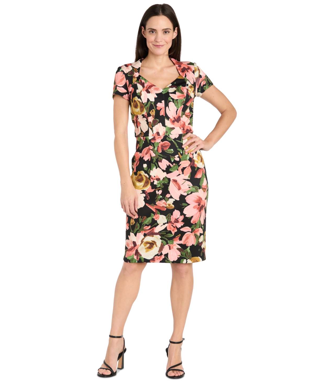 R & M Richards Petite Floral-print Short-sleeve Dress In Black Multi