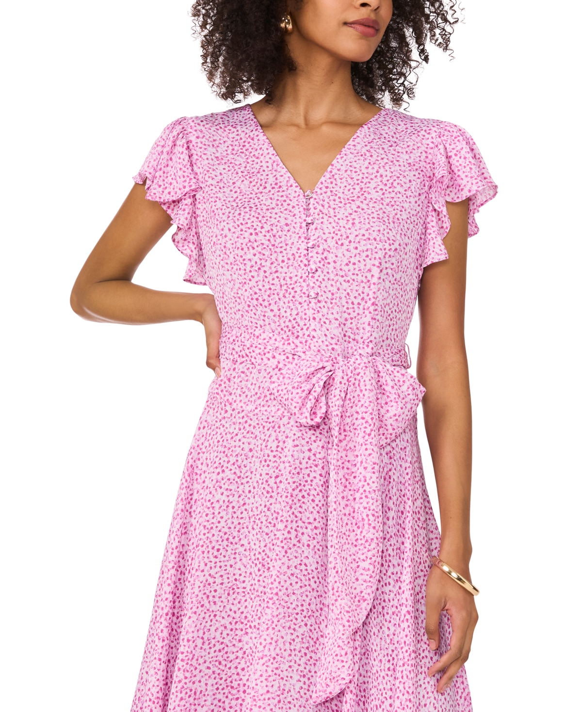Vince Camuto Women's Printed Flutter-sleeve Handkerchief Dress In Violet Blush