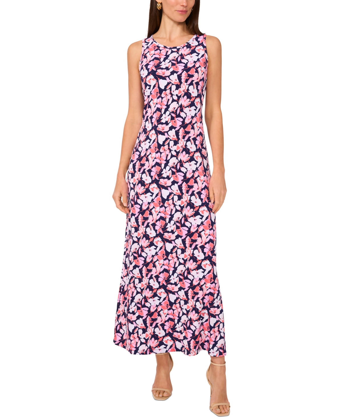 Vince Camuto Women's Floral Sleeveless Keyhole-back Crewneck Maxi Dress In Classic Navy