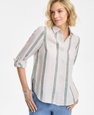 Charter Club - Women's Linen Striped Roll-Tab Shirt