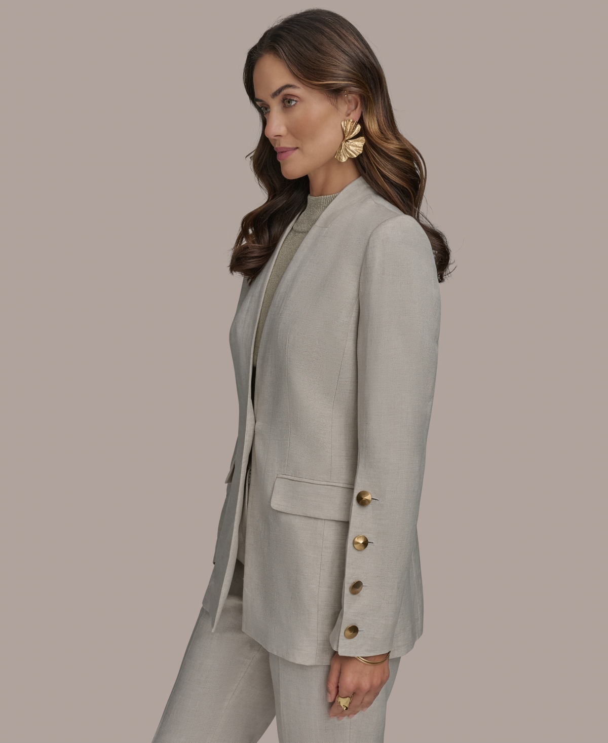 Shop Donna Karan Women's Linen-blend Button-sleeve Blazer In Flax