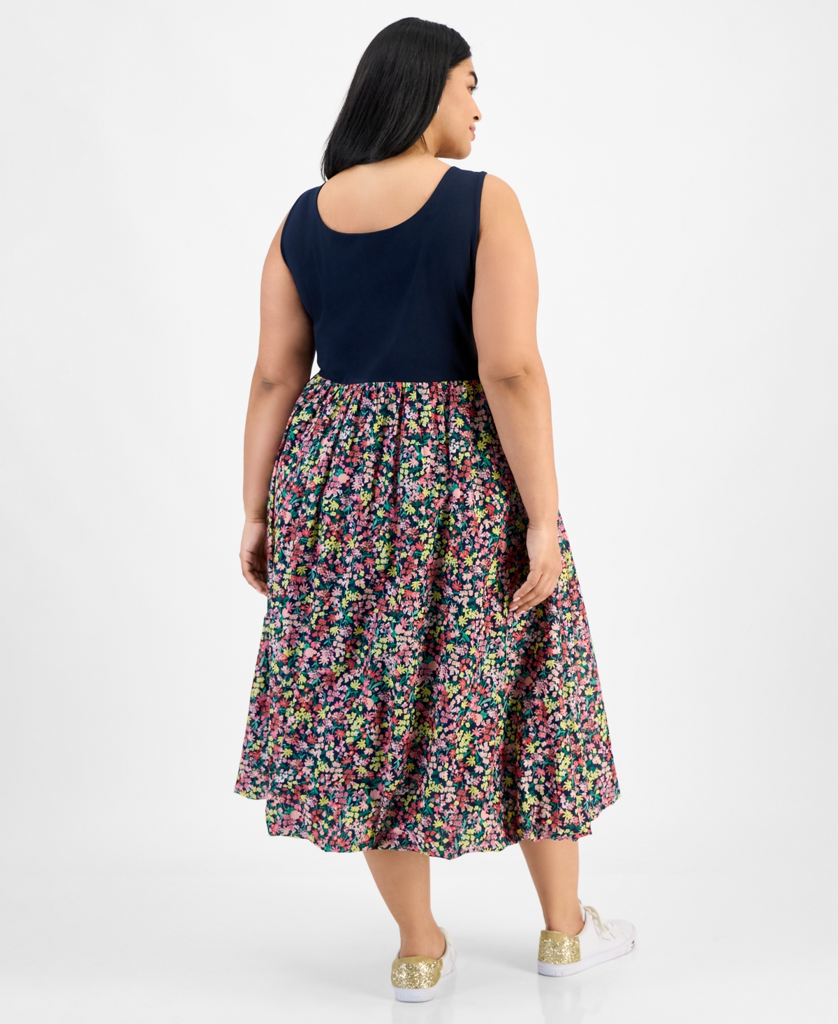 Tommy Hilfiger Plus Size Floral-print-skirt Sleeveless Dress In Sky Cap Multi