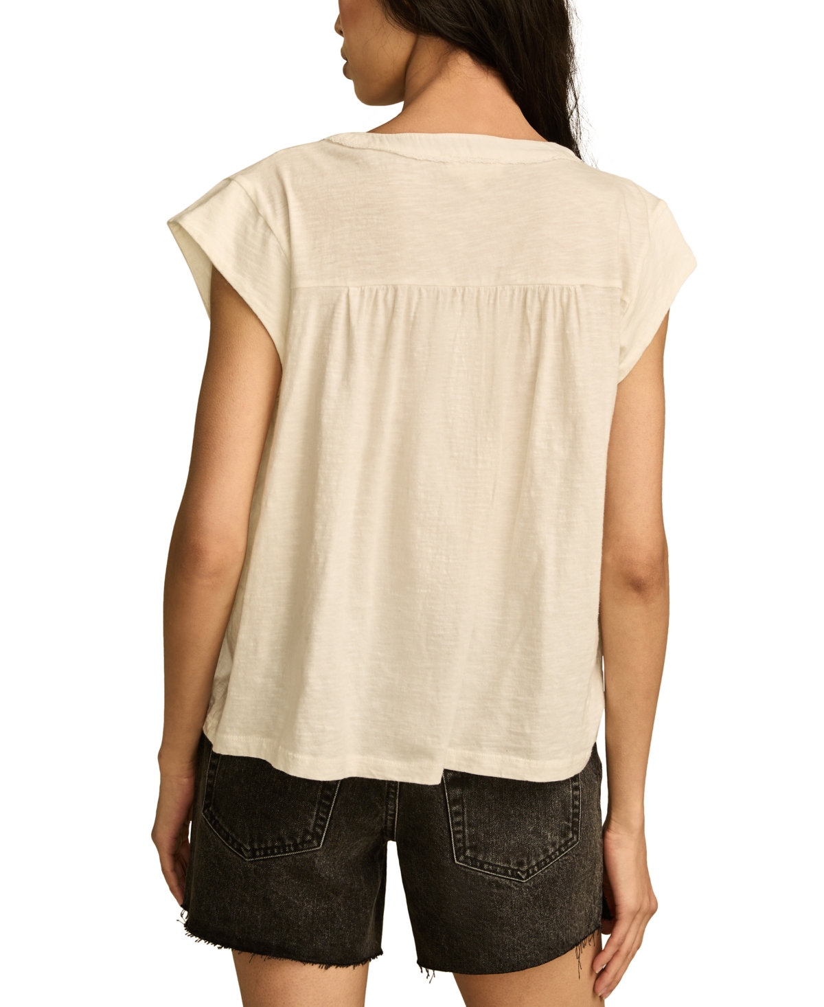 LUCKY BRAND WOMEN'S LACE-TRIM CAP-SLEEVE HENLEY T-SHIRT 