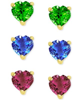 Macy's - 3-Pc. Set Green Quartz (3/4 ct. t.w.), Blue Spinel (1 ct. t.w.), and Lab Grown Ruby (1-1/5 ct. t.w.) Heart Stud Earrings in 14k Gold-Plated Sterling Silver