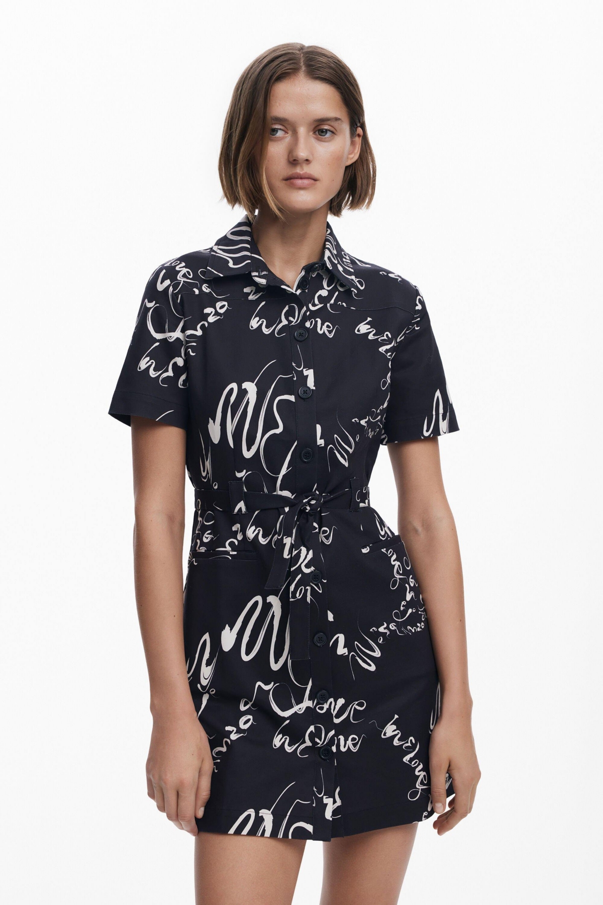 Desigual Lettering Belted Mini Shirtdress In Black