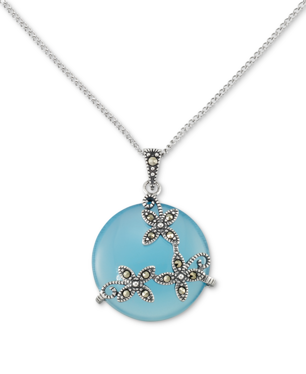 Shop Macy's Blue Agate & Marcasite Flower Disc 18" Pendant Necklace In Sterling Silver