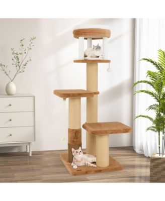 Tall Cat Tree with Self-Groomer & Removable Cat Bed Cozy & Functional Climbing Tower for Cats