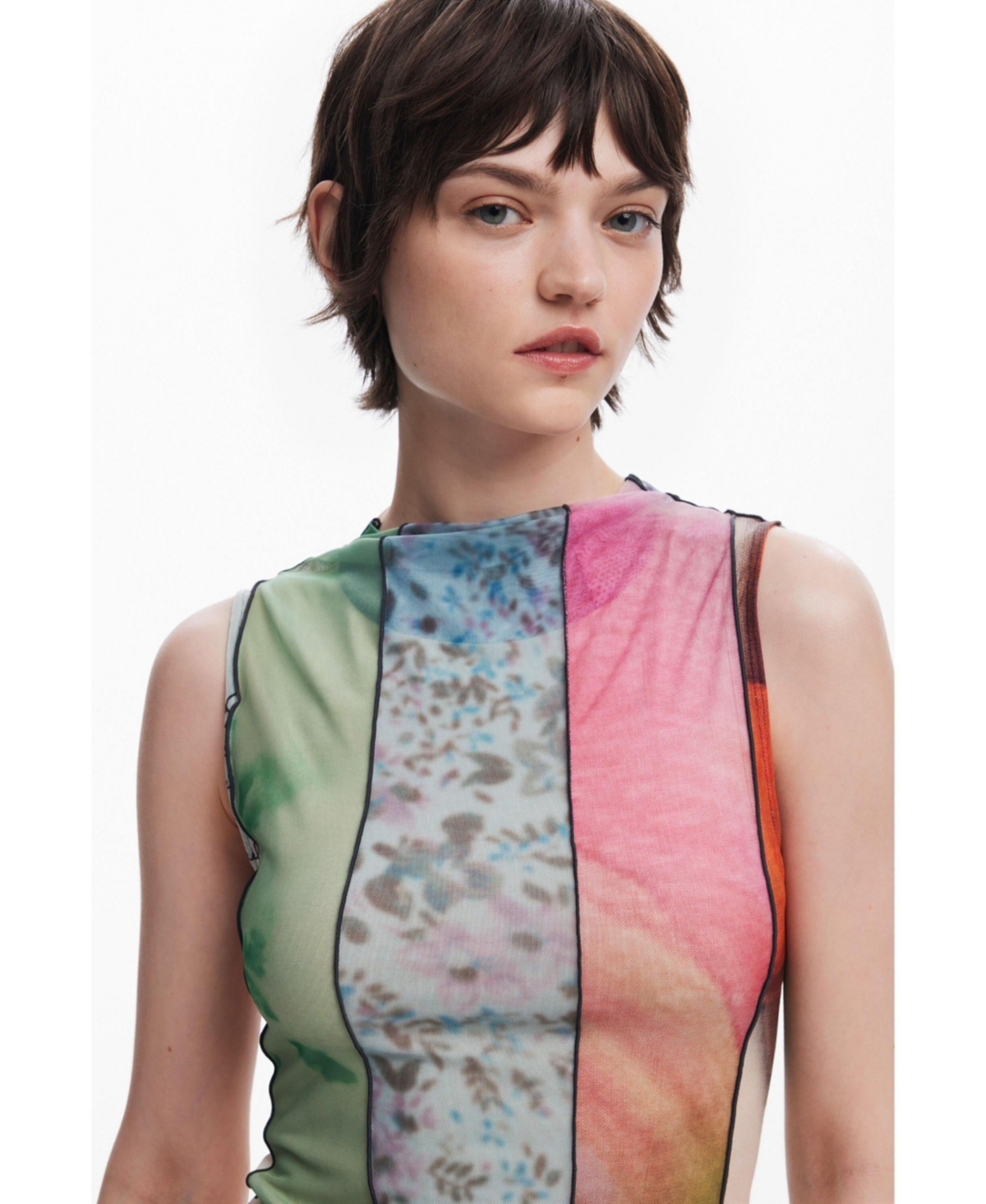 Desigual Mixed Print Mesh Minidress In Bluish Green