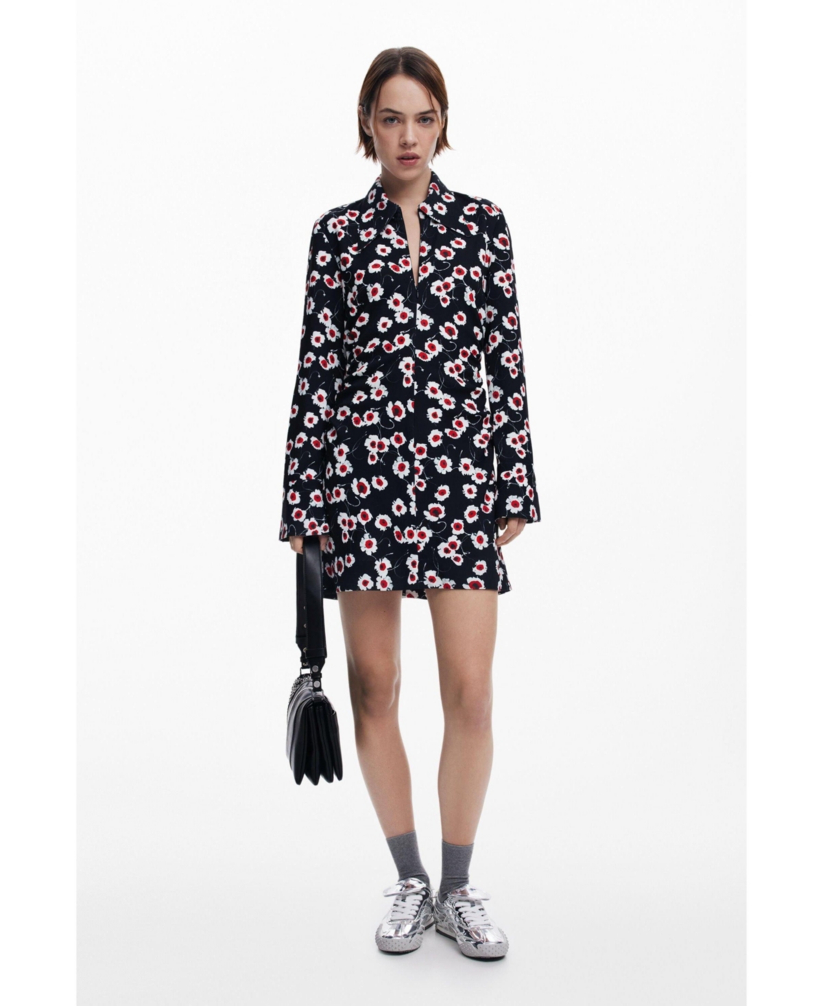 Women's Short floral shirt dress - Black