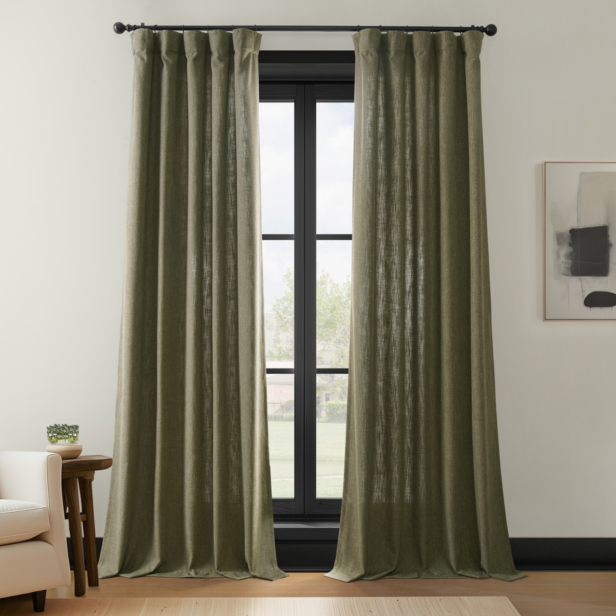 Half Price Drapes Khaki Green Simply Faux Linen Light Filtering Curtain Pair (2 Panels