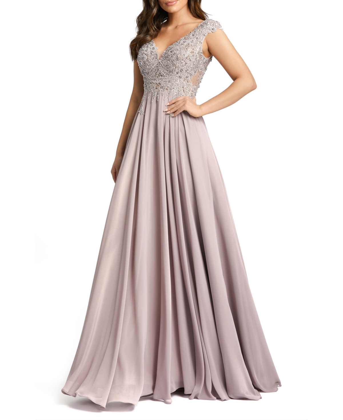 Mac Duggal Women's Appliqued Cap Sleeve Bodice Flowy Gown