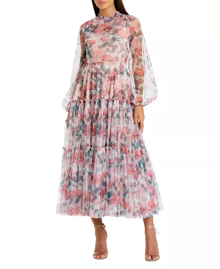 Women's Long Sleeve High Neck Long Balloon Sleeve Midi Dress - thumbnail 7