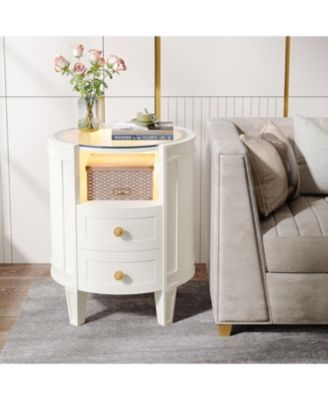 No Assembly LED 2-Drawer Oval Glass Top Nightstand Side Table