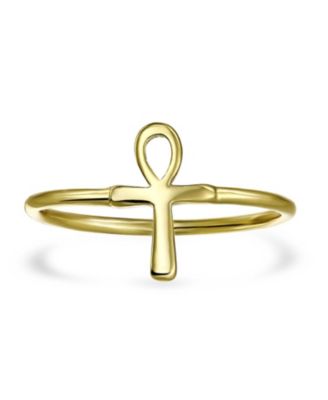 Minimalist Silver Ring with Egyptian Ankh Cross 14K Gold Plated Sterling Band