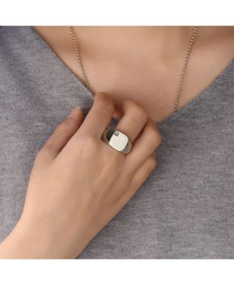 Large Cubic Zirconia CZ Accent Statement Square Signet Ring Silver Tone Stainless Steel