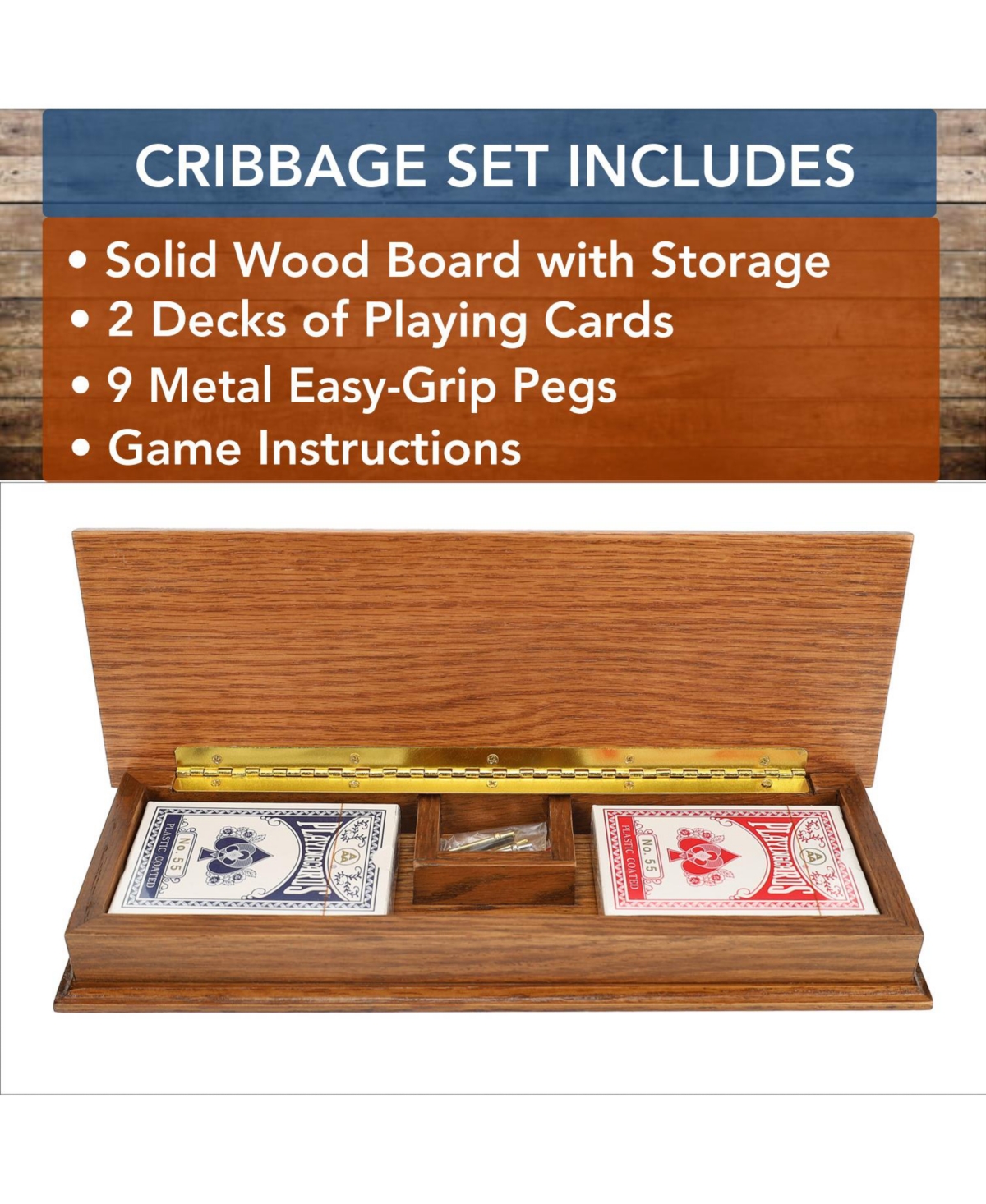 We Games 3 Track Sprint Cabinet Cribbage Set With Metal Pegs & 2 Card Decks In Brown