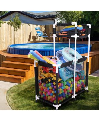 Extra Large Mesh Pool Storage Bin Noodles Holder Toys Organizer,Rolling 6 Wheels,Double Decker Cart