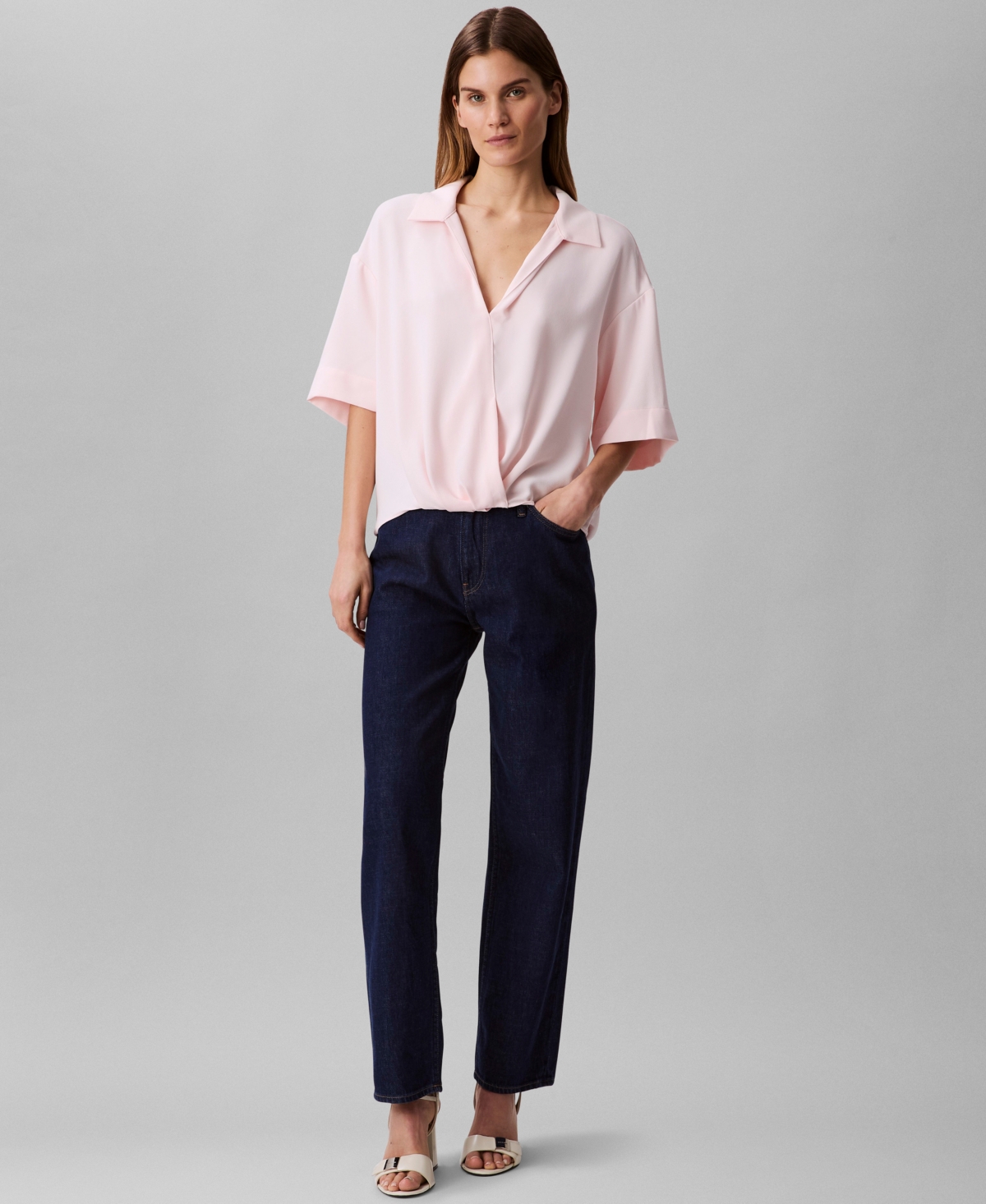 Calvin Klein Women's Collared Draped Faux-wrap Top In Pearl