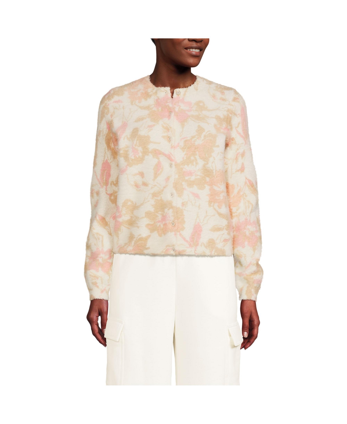Women's Fine Gauge Eyelash Cardigan Printed Sweater - Set Top - Light rose/berry rouge floral