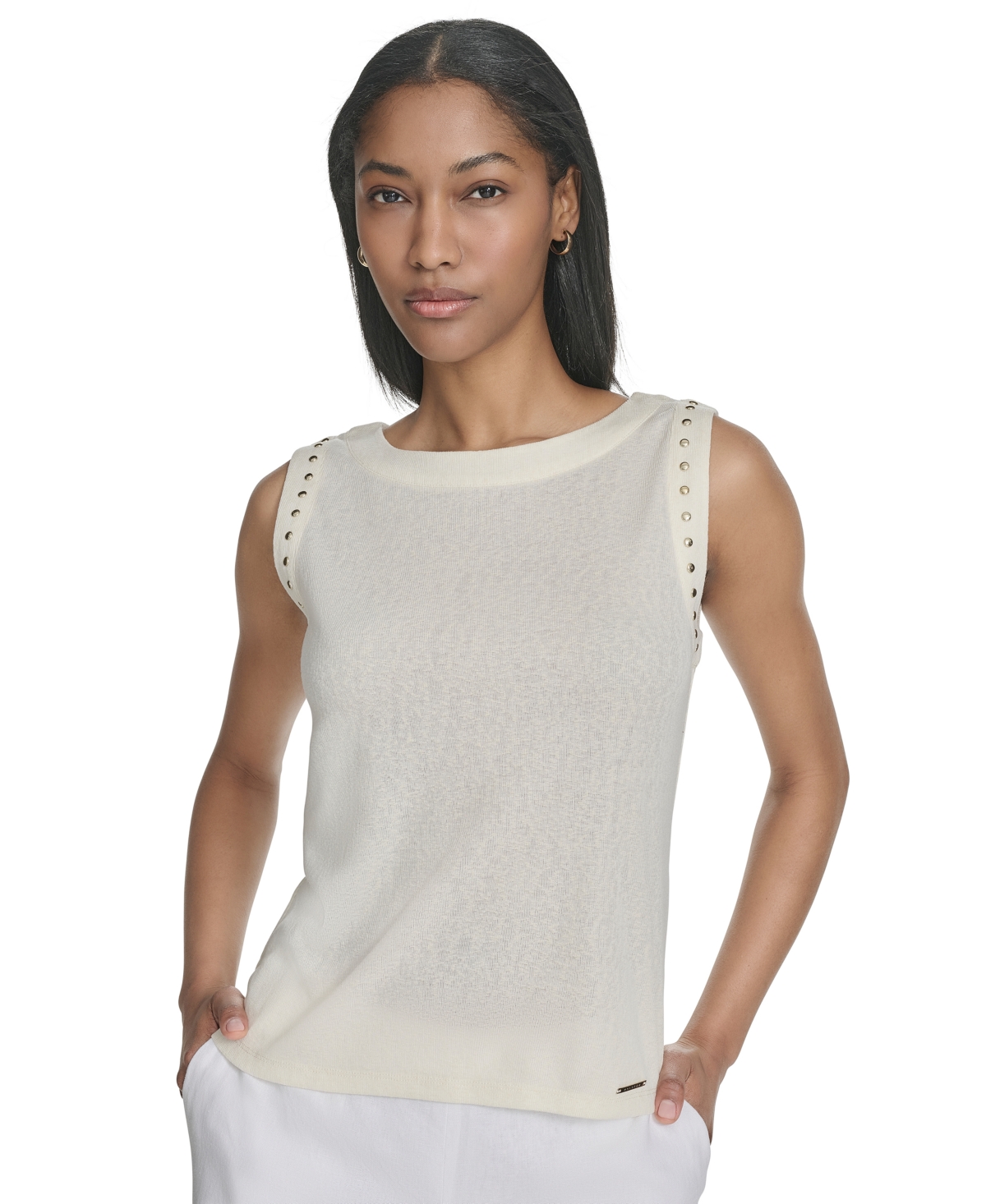Shop Halston Women's Rhinestone-armhole Round-neck Top In Cream
