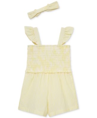 Baby Girls Woven Cotton Romper & Headband, 2 Piece Set