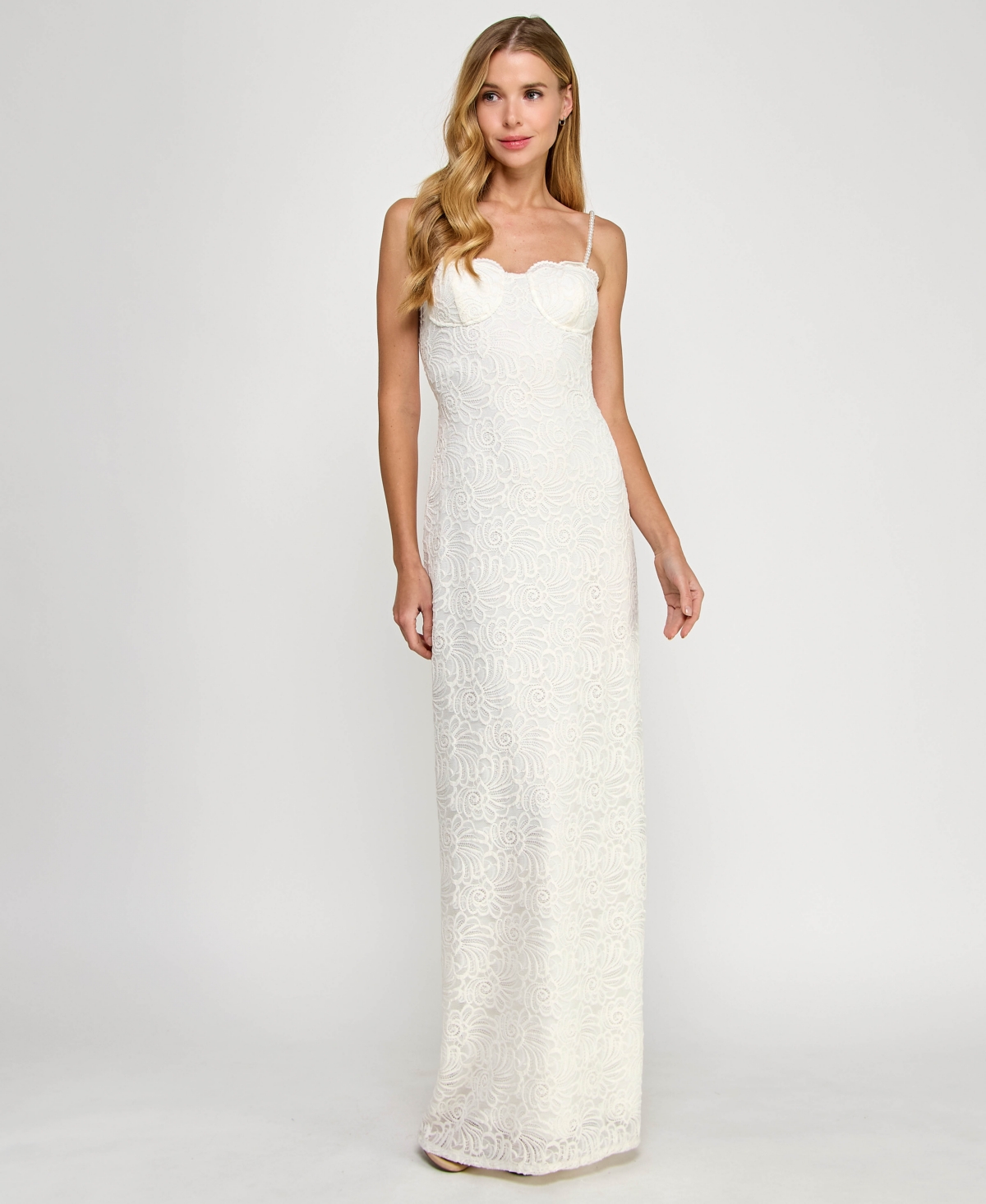 Juniors' Back-Slit Lace Gown - Ivory