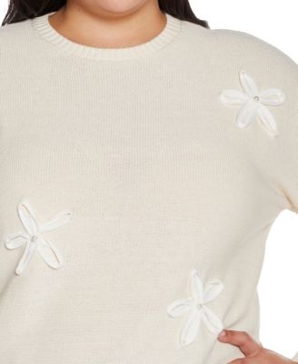 Plus Size 3D Floral Crewneck Trim Sweater