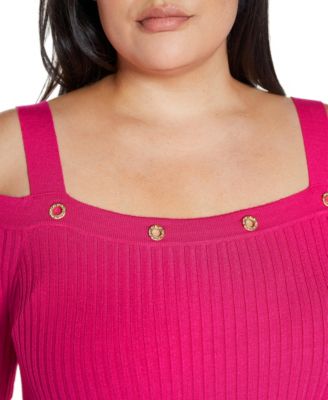 Plus Size Black Label  Rhinestone Grommet Cold-Shoulder Sweater